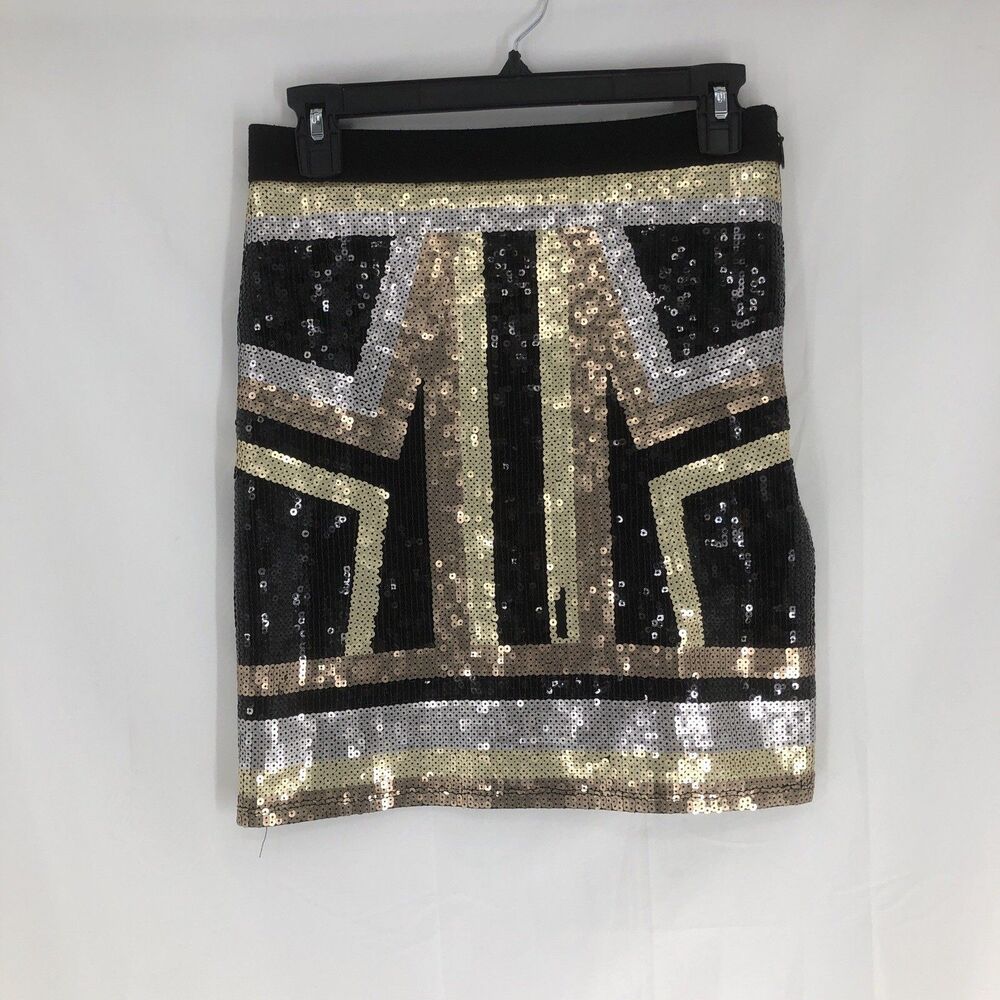 bebe Black Silver Gold Geometric Sequined Pencil Mini Skirt Zip Back Size Small